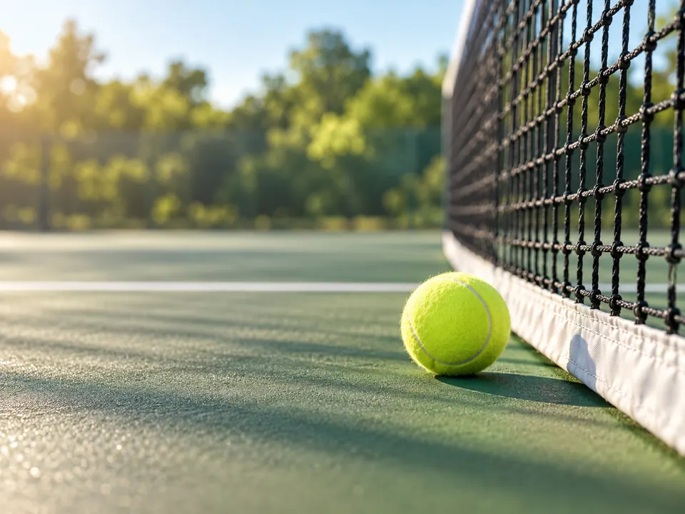 A ball by the net on a green hard court