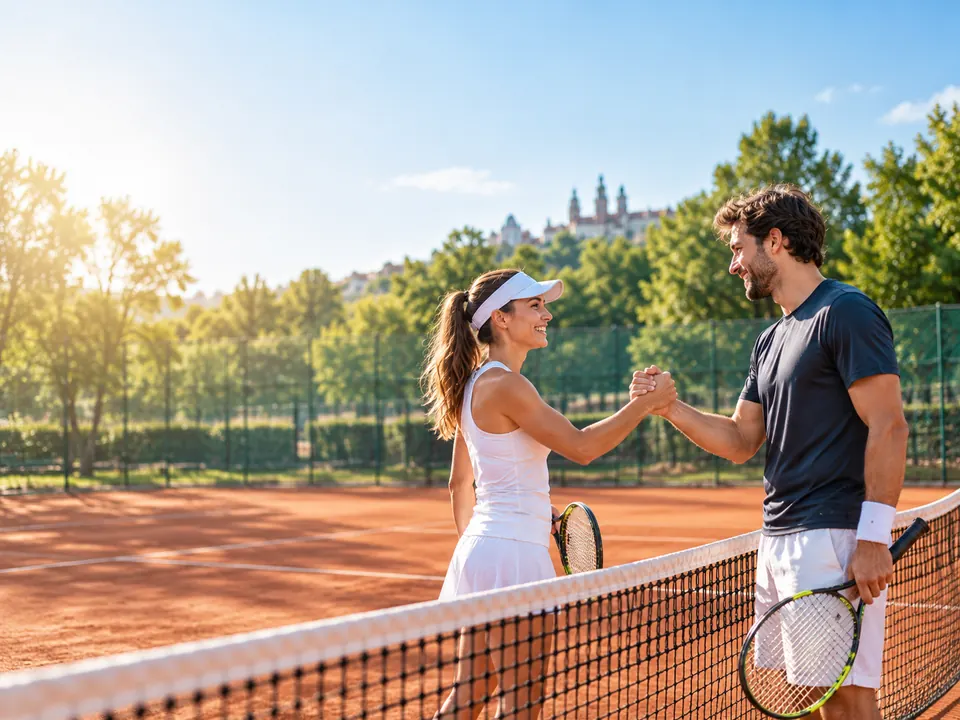 A woman and a man shaking hands at the net on a clay court