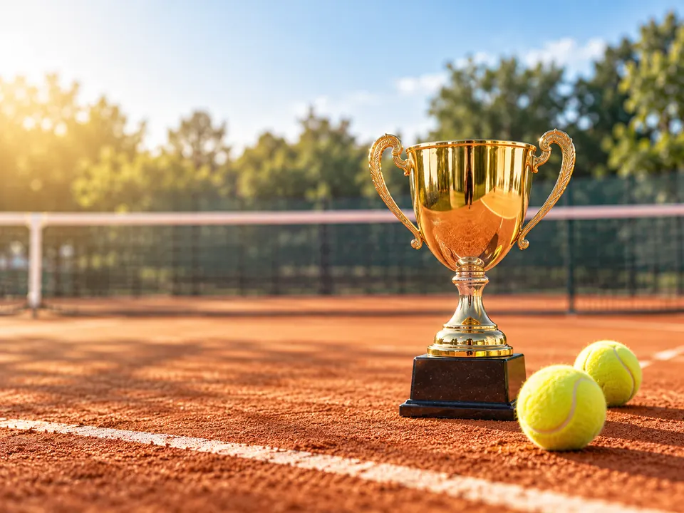 A gold cup and two balls on a clay court